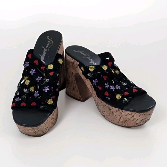 Free People Lisbon Clogs Womens 40 Chunky Cork Platform Suede Floral Embroidery - Picture 2 of 16